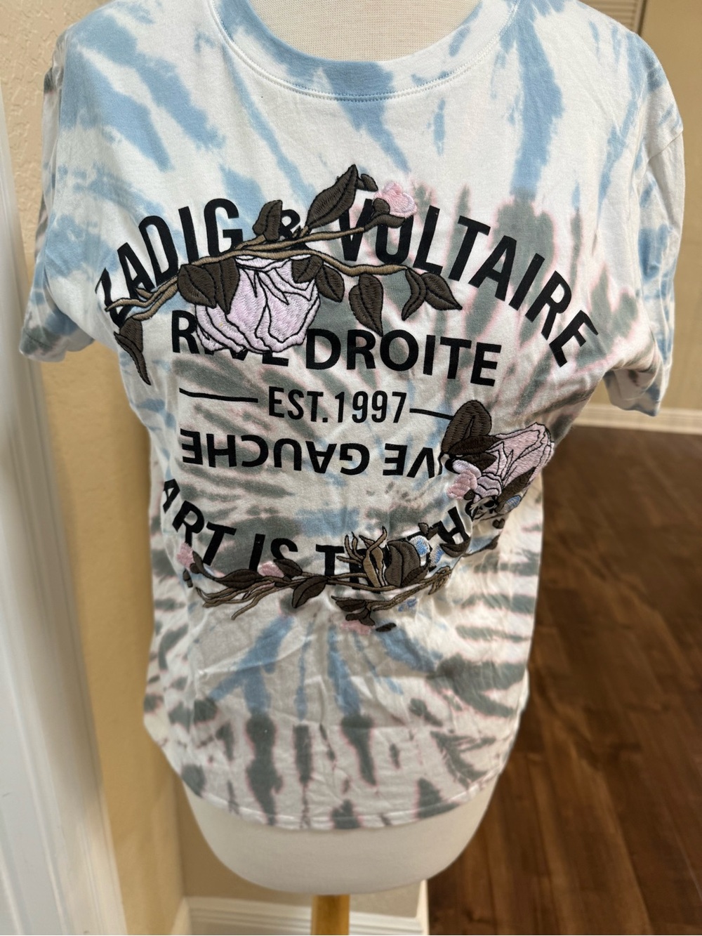 Zadig & Voltaire Blue and White Tie-Dye Floral Logo Tee
